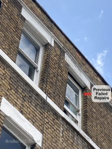 failed repairs repointing 225x300 - Severely Distorted Window Masonry, London